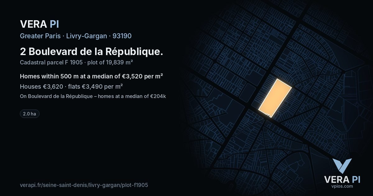 2 Boulevard de la République, Livry-Gargan at night – the plot lit, the parcels around coloured by the prices near them