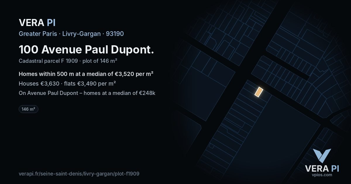 100 Avenue Paul Dupont, Livry-Gargan at night – the plot lit, the parcels around coloured by the prices near them