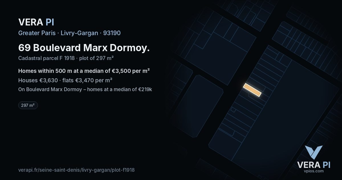 69 Boulevard Marx Dormoy, Livry-Gargan at night – the plot lit, the parcels around coloured by the prices near them