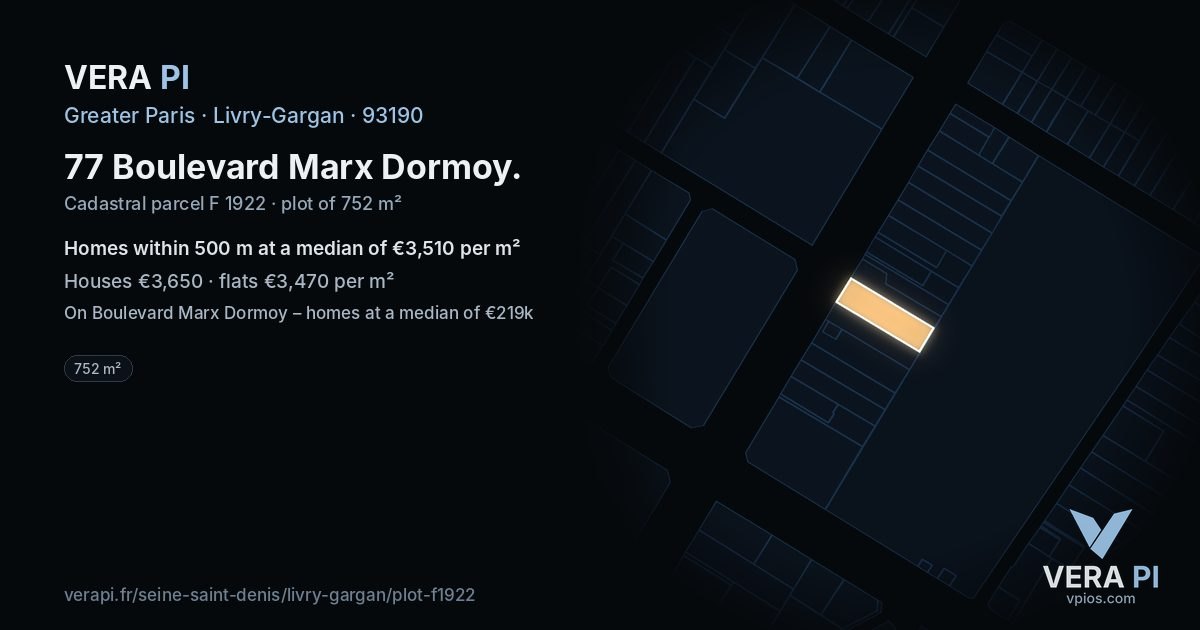 77 Boulevard Marx Dormoy, Livry-Gargan at night – the plot lit, the parcels around coloured by the prices near them