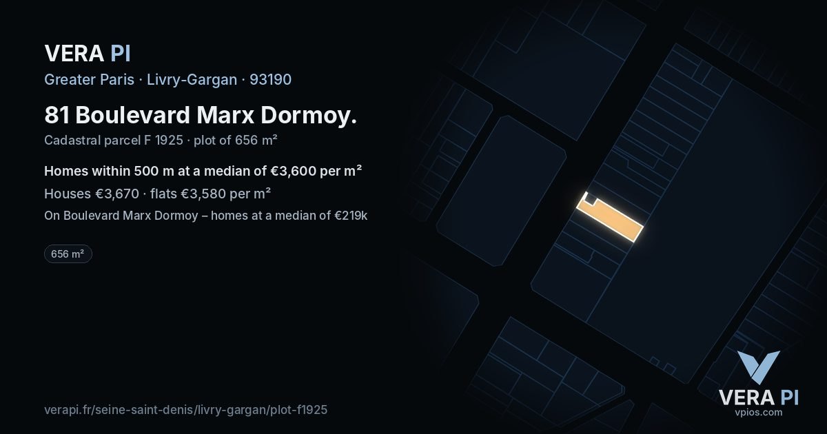81 Boulevard Marx Dormoy, Livry-Gargan at night – the plot lit, the parcels around coloured by the prices near them