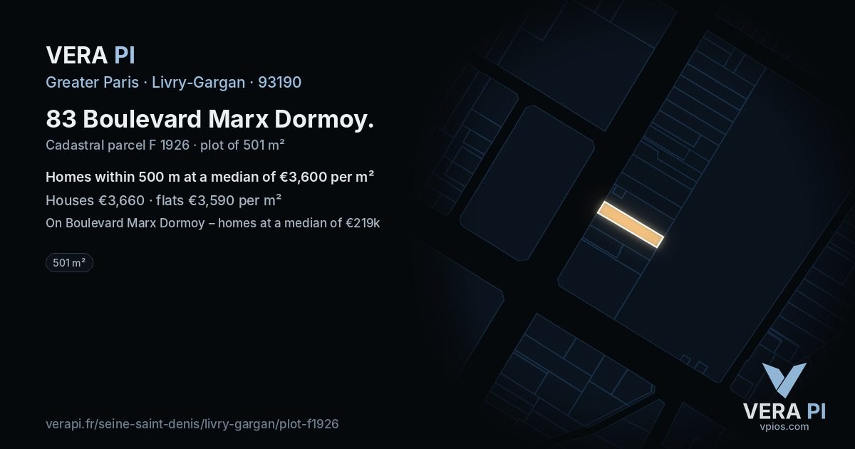 83 Boulevard Marx Dormoy, Livry-Gargan at night – the plot lit, the parcels around coloured by the prices near them