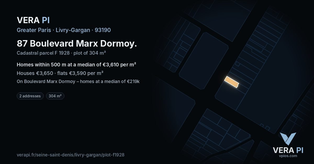 87 Boulevard Marx Dormoy, Livry-Gargan at night – the plot lit, the parcels around coloured by the prices near them