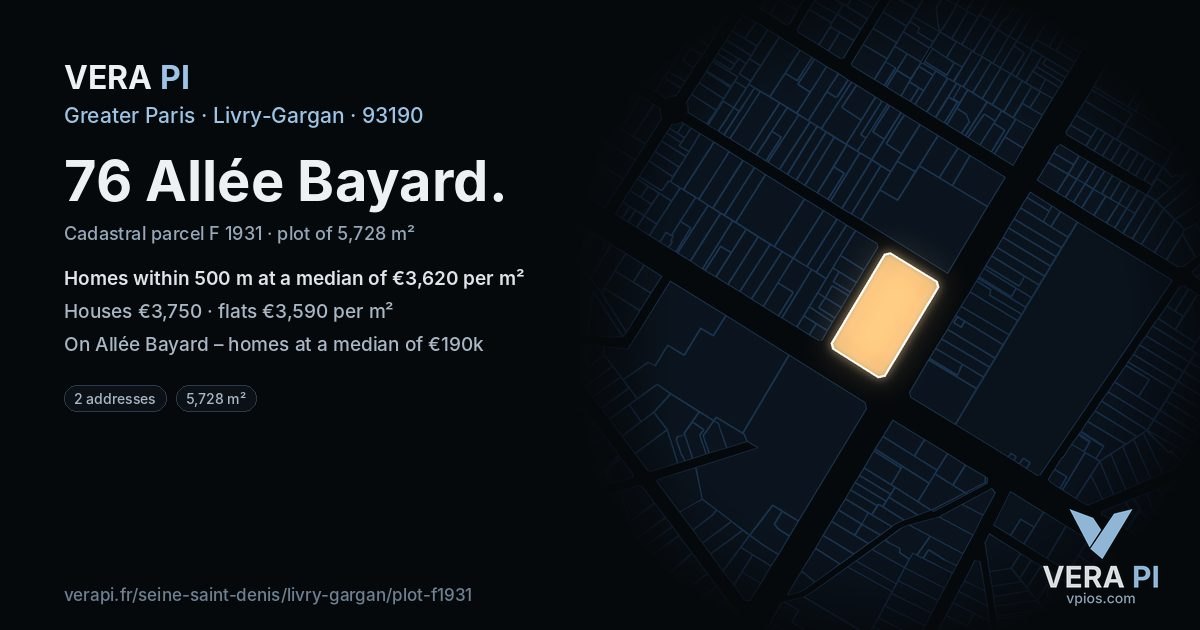 76 Allée Bayard, Livry-Gargan at night – the plot lit, the parcels around coloured by the prices near them