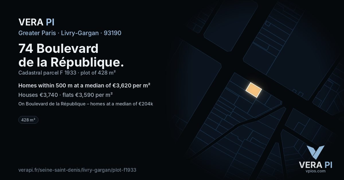 74 Boulevard de la République, Livry-Gargan at night – the plot lit, the parcels around coloured by the prices near them