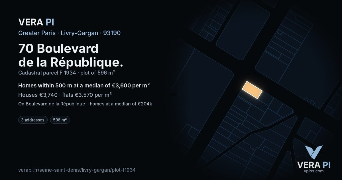 70 Boulevard de la République, Livry-Gargan at night – the plot lit, the parcels around coloured by the prices near them