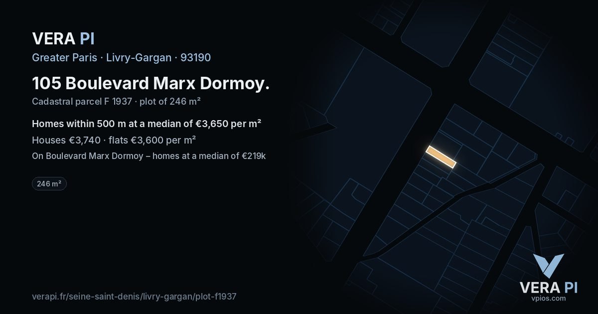 105 Boulevard Marx Dormoy, Livry-Gargan at night – the plot lit, the parcels around coloured by the prices near them
