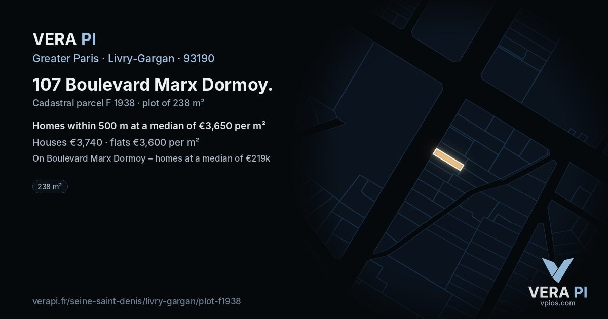 107 Boulevard Marx Dormoy, Livry-Gargan at night – the plot lit, the parcels around coloured by the prices near them