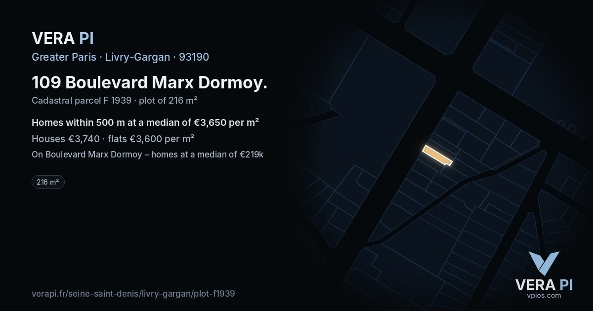 109 Boulevard Marx Dormoy, Livry-Gargan at night – the plot lit, the parcels around coloured by the prices near them