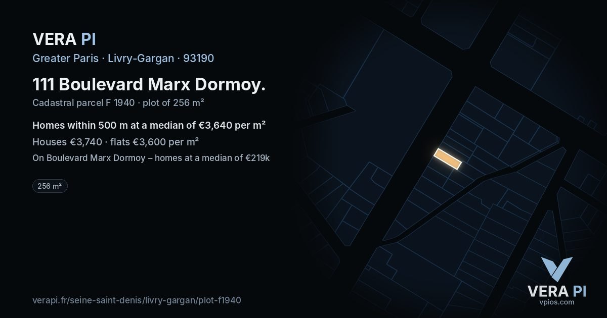 111 Boulevard Marx Dormoy, Livry-Gargan at night – the plot lit, the parcels around coloured by the prices near them