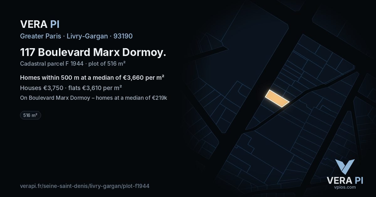 117 Boulevard Marx Dormoy, Livry-Gargan at night – the plot lit, the parcels around coloured by the prices near them