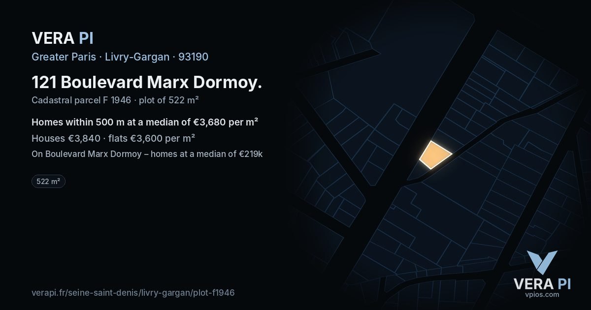 121 Boulevard Marx Dormoy, Livry-Gargan at night – the plot lit, the parcels around coloured by the prices near them