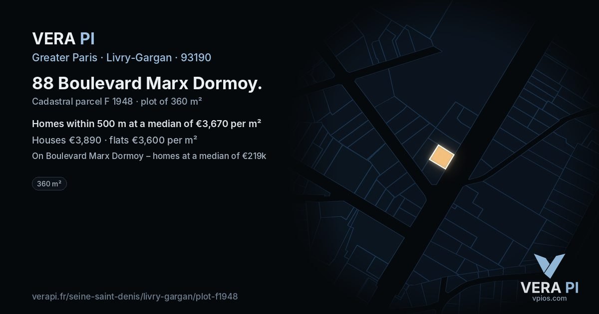 88 Boulevard Marx Dormoy, Livry-Gargan at night – the plot lit, the parcels around coloured by the prices near them