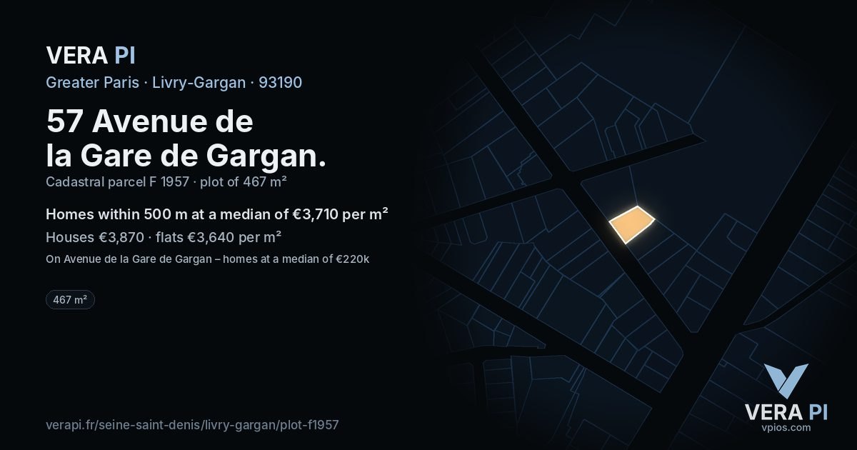 57 Avenue de la Gare de Gargan, Livry-Gargan at night – the plot lit, the parcels around coloured by the prices near them