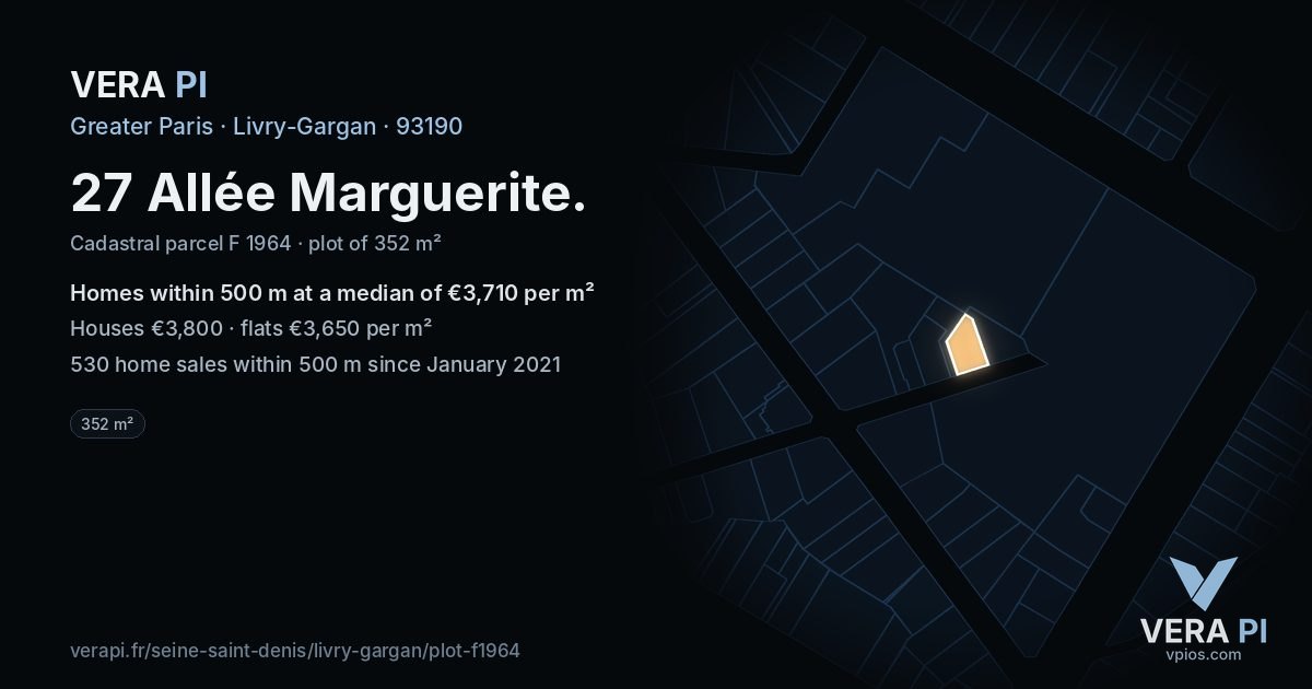27 Allée Marguerite, Livry-Gargan at night – the plot lit, the parcels around coloured by the prices near them
