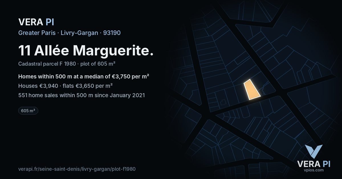 11 Allée Marguerite, Livry-Gargan at night – the plot lit, the parcels around coloured by the prices near them
