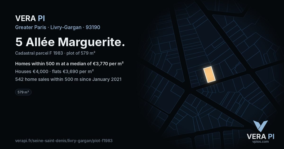 5 Allée Marguerite, Livry-Gargan at night – the plot lit, the parcels around coloured by the prices near them
