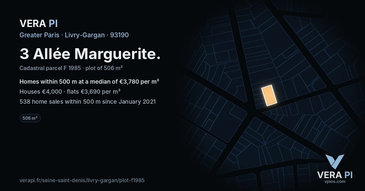 3 Allée Marguerite, Livry-Gargan at night – the plot lit, the parcels around coloured by the prices near them