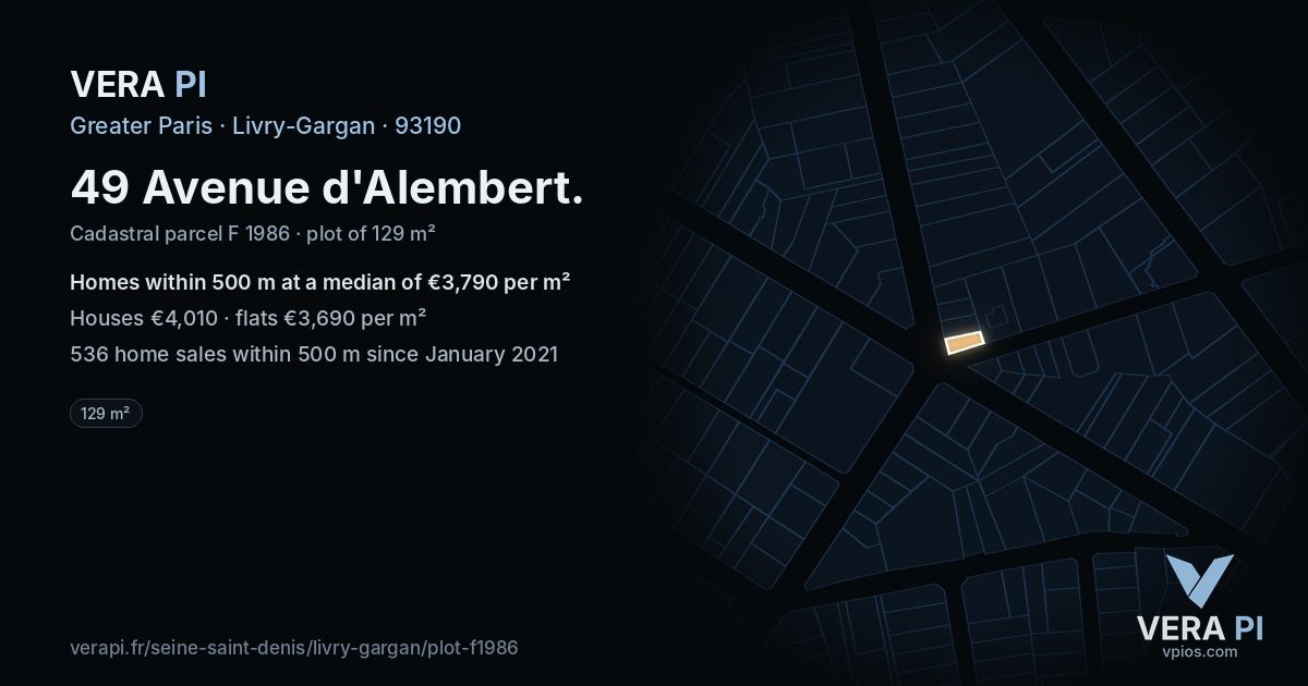 49 Avenue d'Alembert, Livry-Gargan at night – the plot lit, the parcels around coloured by the prices near them