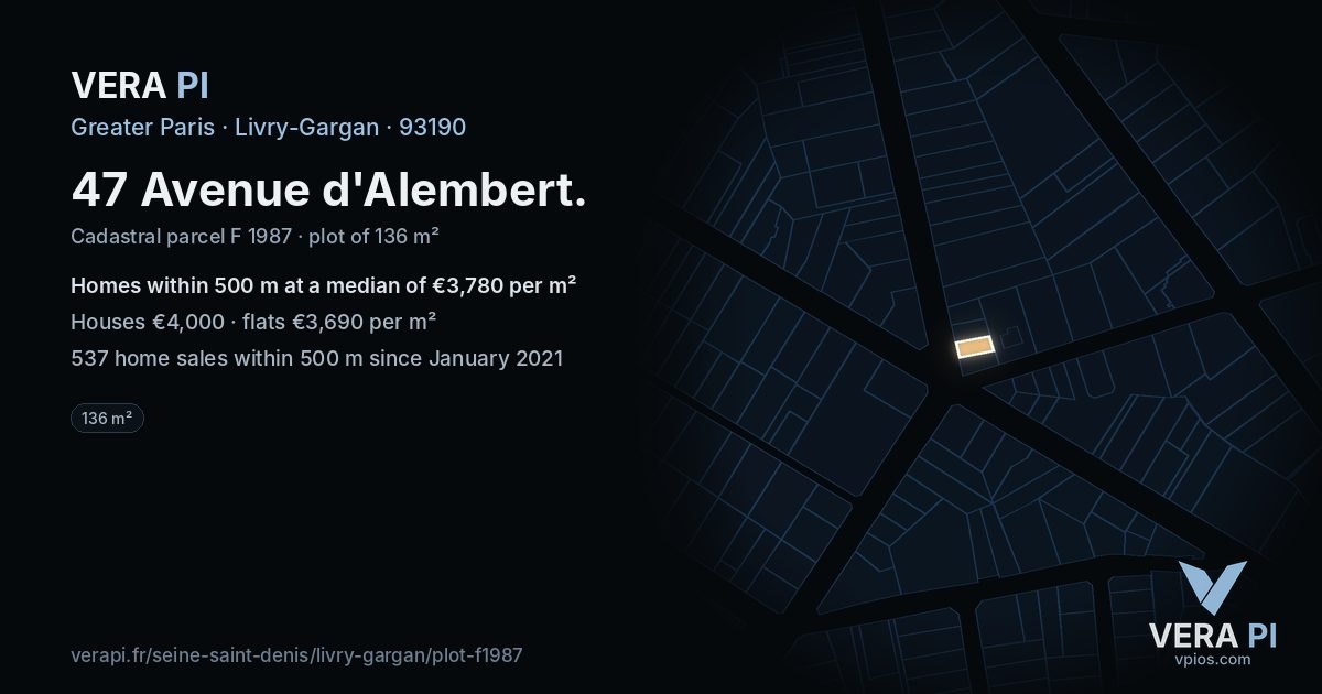 47 Avenue d'Alembert, Livry-Gargan at night – the plot lit, the parcels around coloured by the prices near them