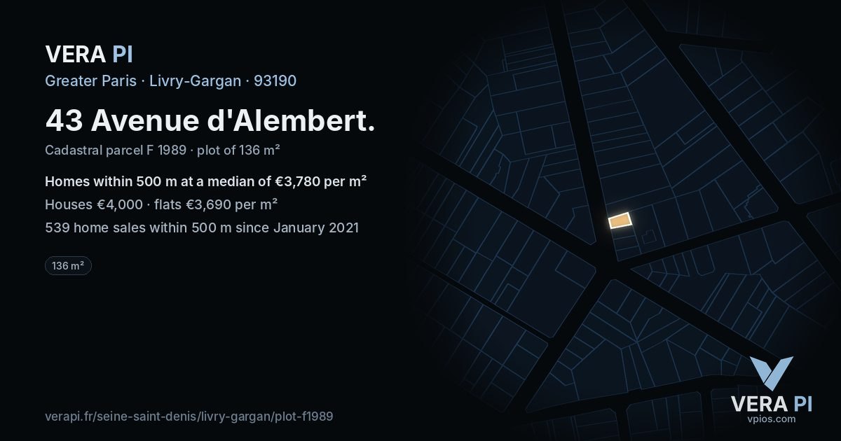 43 Avenue d'Alembert, Livry-Gargan at night – the plot lit, the parcels around coloured by the prices near them
