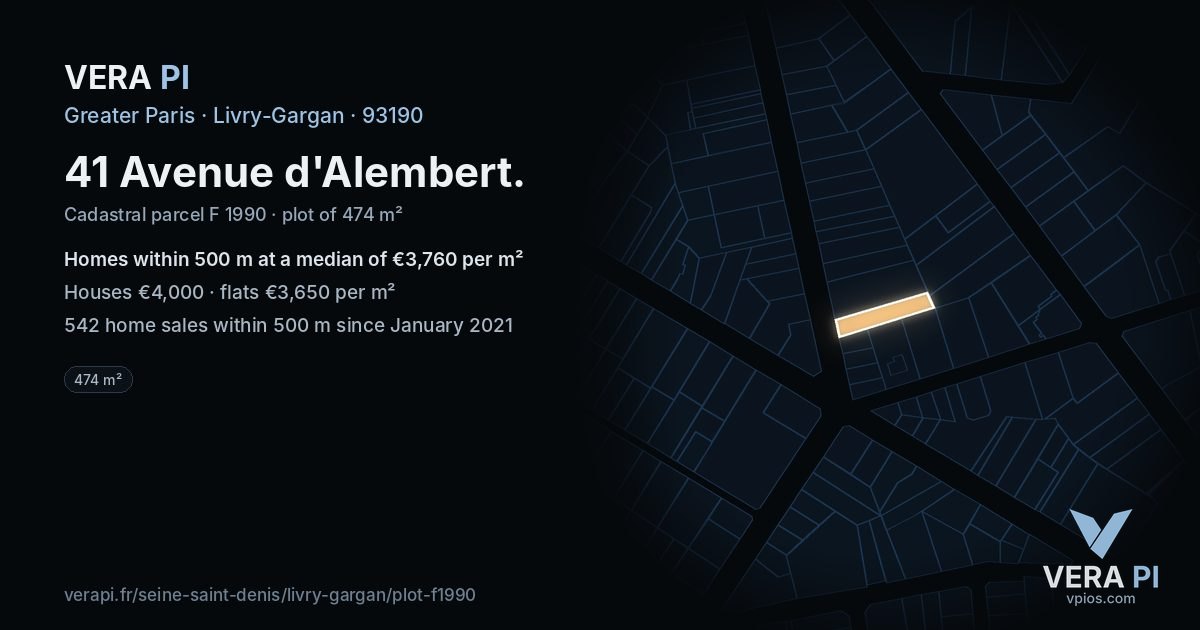 41 Avenue d'Alembert, Livry-Gargan at night – the plot lit, the parcels around coloured by the prices near them