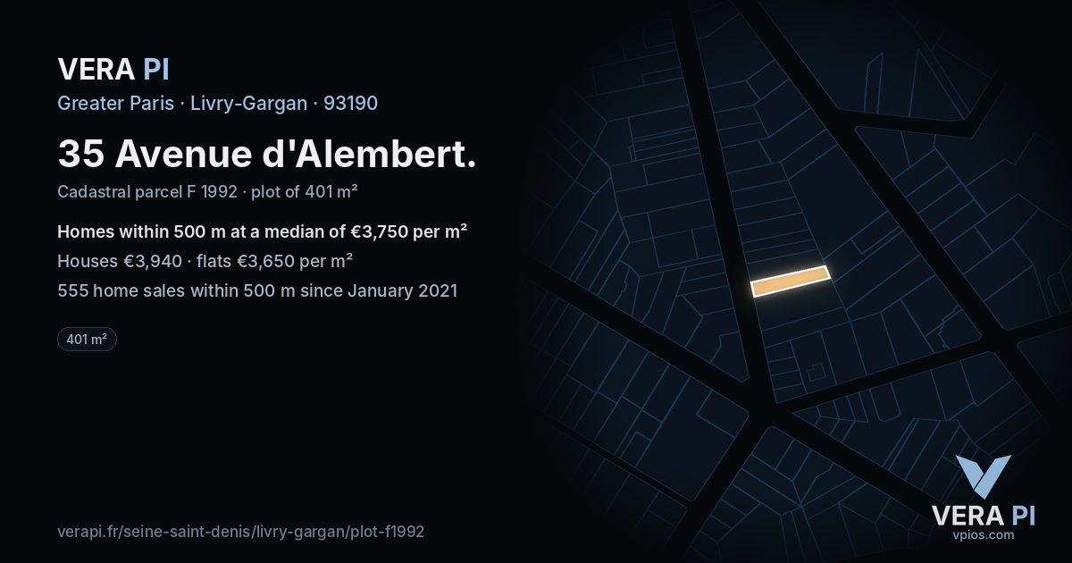 35 Avenue d'Alembert, Livry-Gargan at night – the plot lit, the parcels around coloured by the prices near them