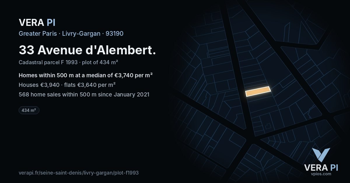 33 Avenue d'Alembert, Livry-Gargan at night – the plot lit, the parcels around coloured by the prices near them