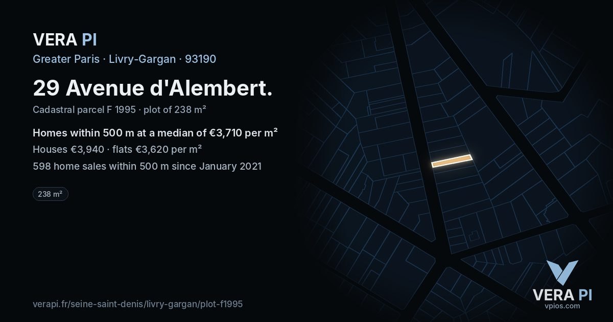 29 Avenue d'Alembert, Livry-Gargan at night – the plot lit, the parcels around coloured by the prices near them
