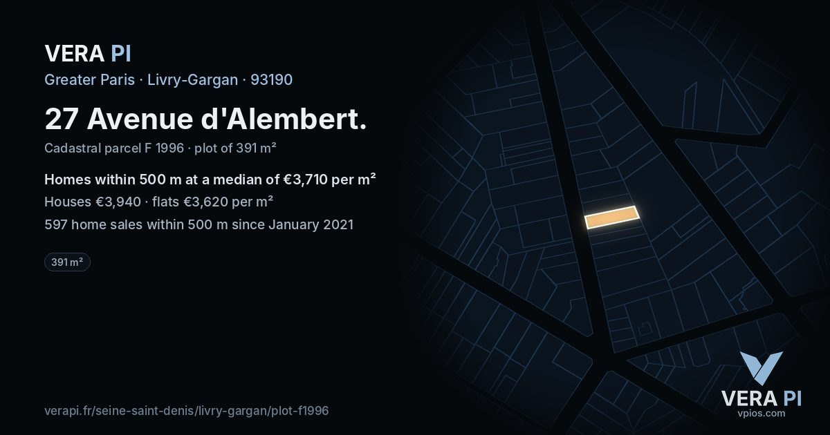 27 Avenue d'Alembert, Livry-Gargan at night – the plot lit, the parcels around coloured by the prices near them
