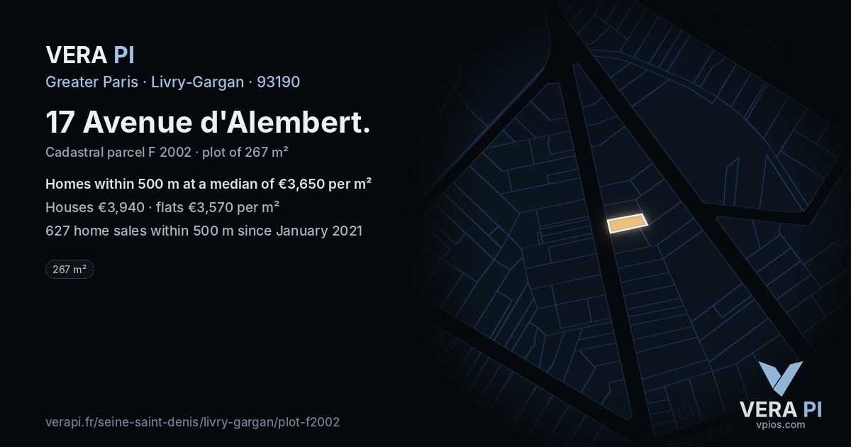 17 Avenue d'Alembert, Livry-Gargan at night – the plot lit, the parcels around coloured by the prices near them