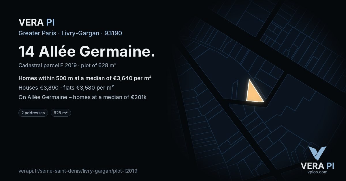 14 Allée Germaine, Livry-Gargan at night – the plot lit, the parcels around coloured by the prices near them
