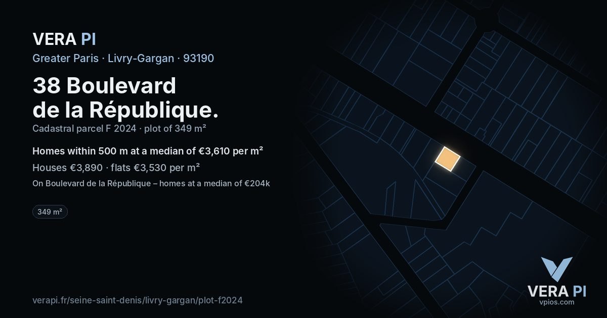 38 Boulevard de la République, Livry-Gargan at night – the plot lit, the parcels around coloured by the prices near them
