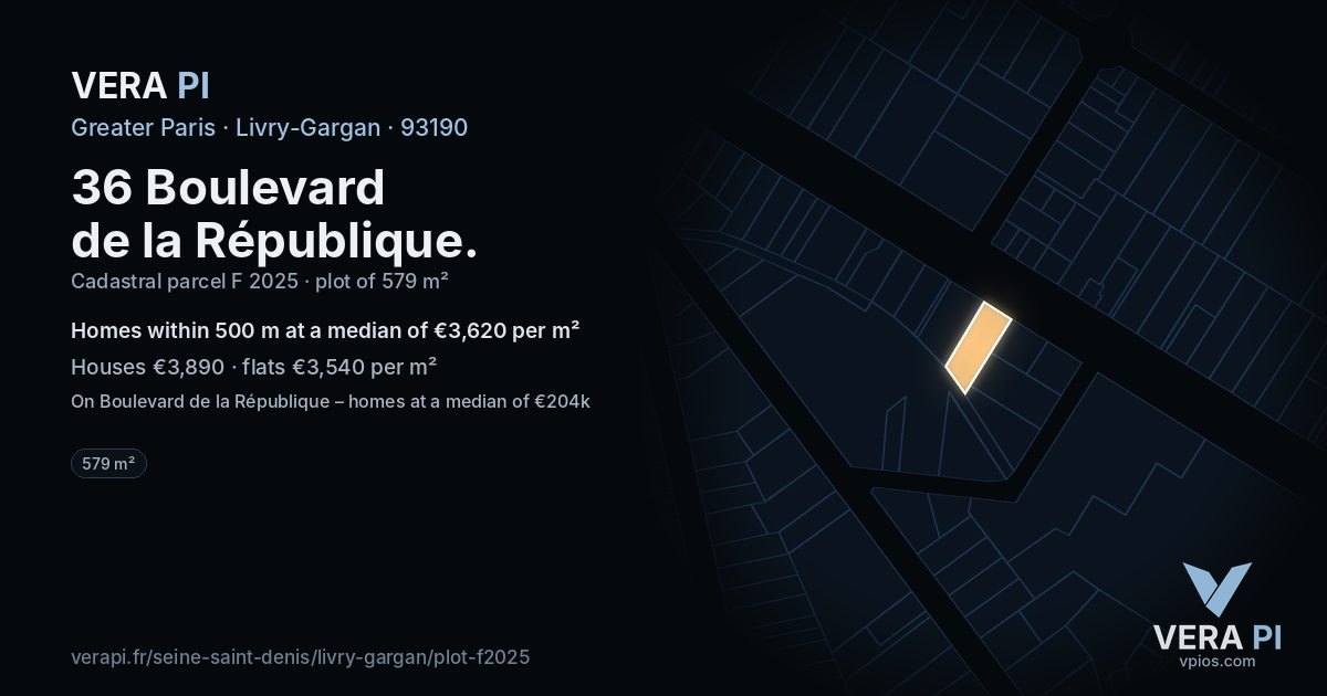 36 Boulevard de la République, Livry-Gargan at night – the plot lit, the parcels around coloured by the prices near them