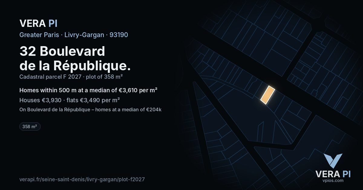 32 Boulevard de la République, Livry-Gargan at night – the plot lit, the parcels around coloured by the prices near them