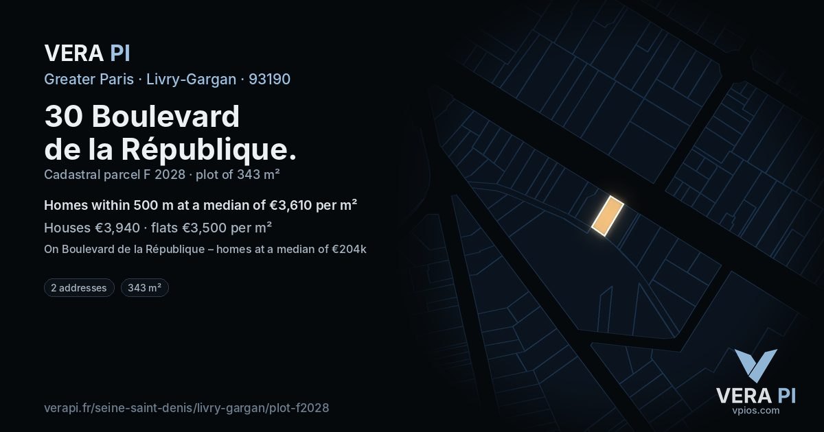 30 Boulevard de la République, Livry-Gargan at night – the plot lit, the parcels around coloured by the prices near them