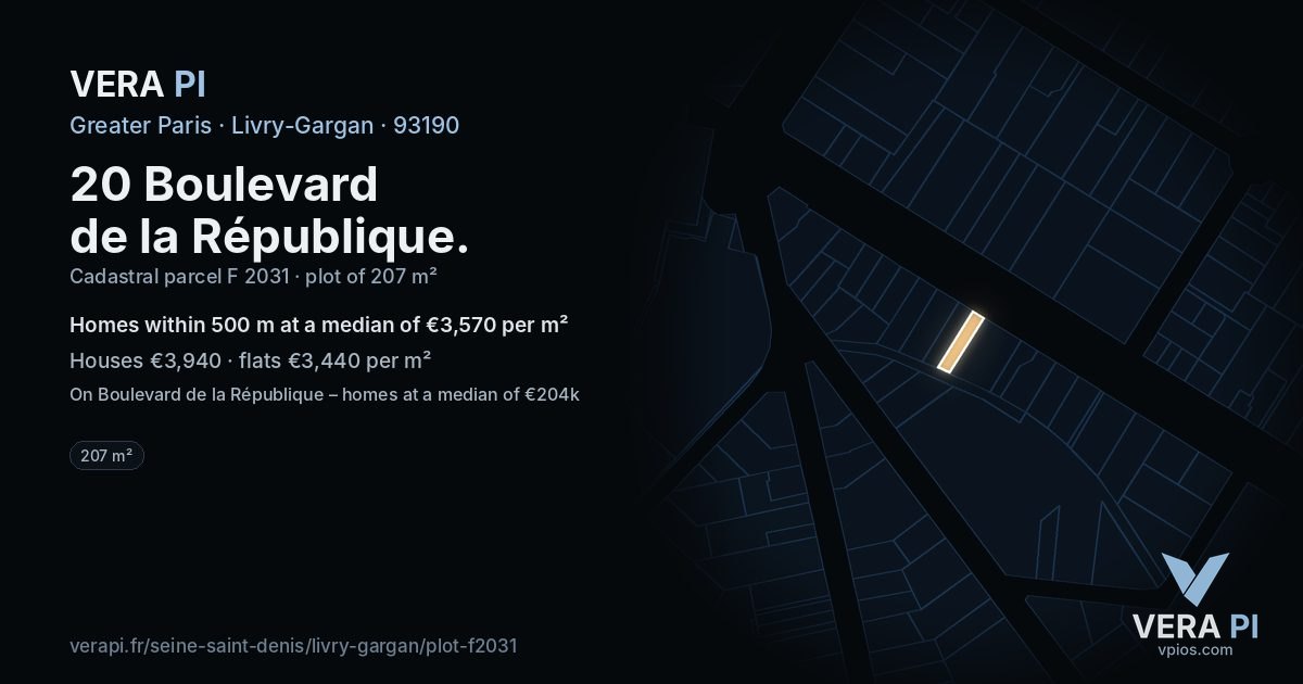 20 Boulevard de la République, Livry-Gargan at night – the plot lit, the parcels around coloured by the prices near them