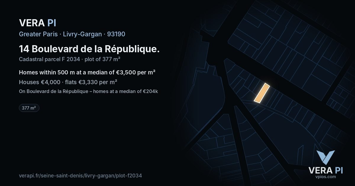 14 Boulevard de la République, Livry-Gargan at night – the plot lit, the parcels around coloured by the prices near them