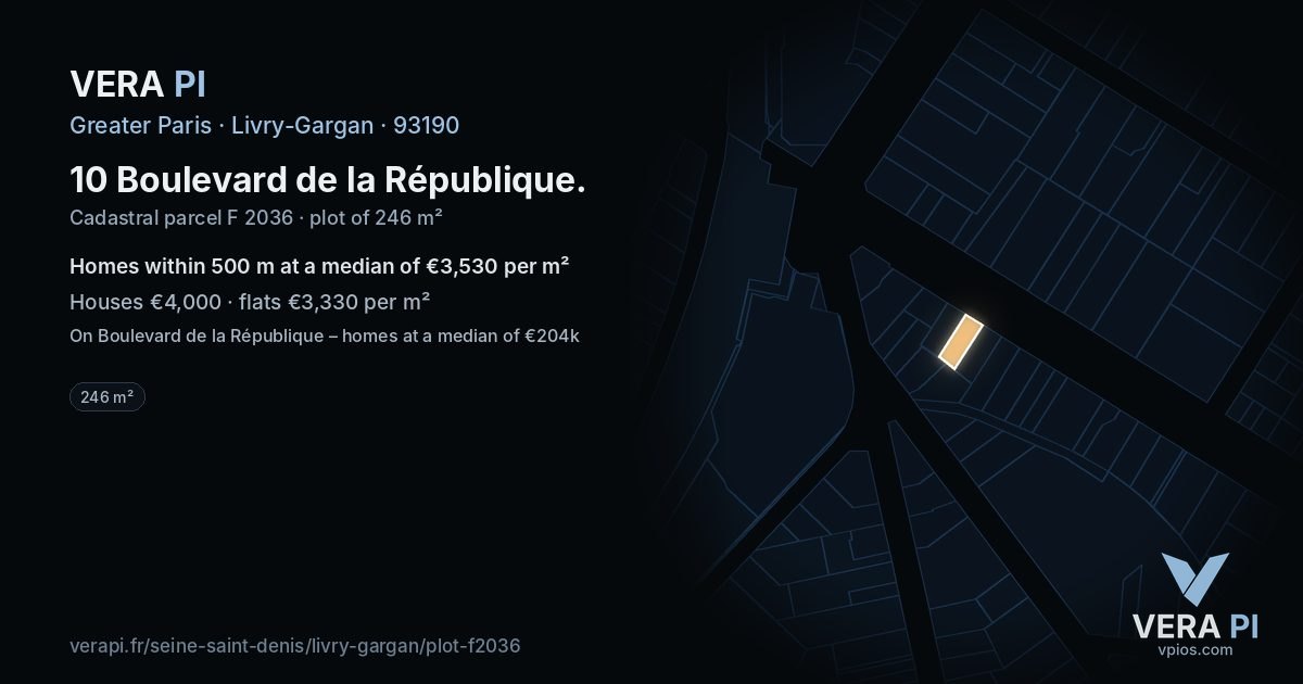 10 Boulevard de la République, Livry-Gargan at night – the plot lit, the parcels around coloured by the prices near them