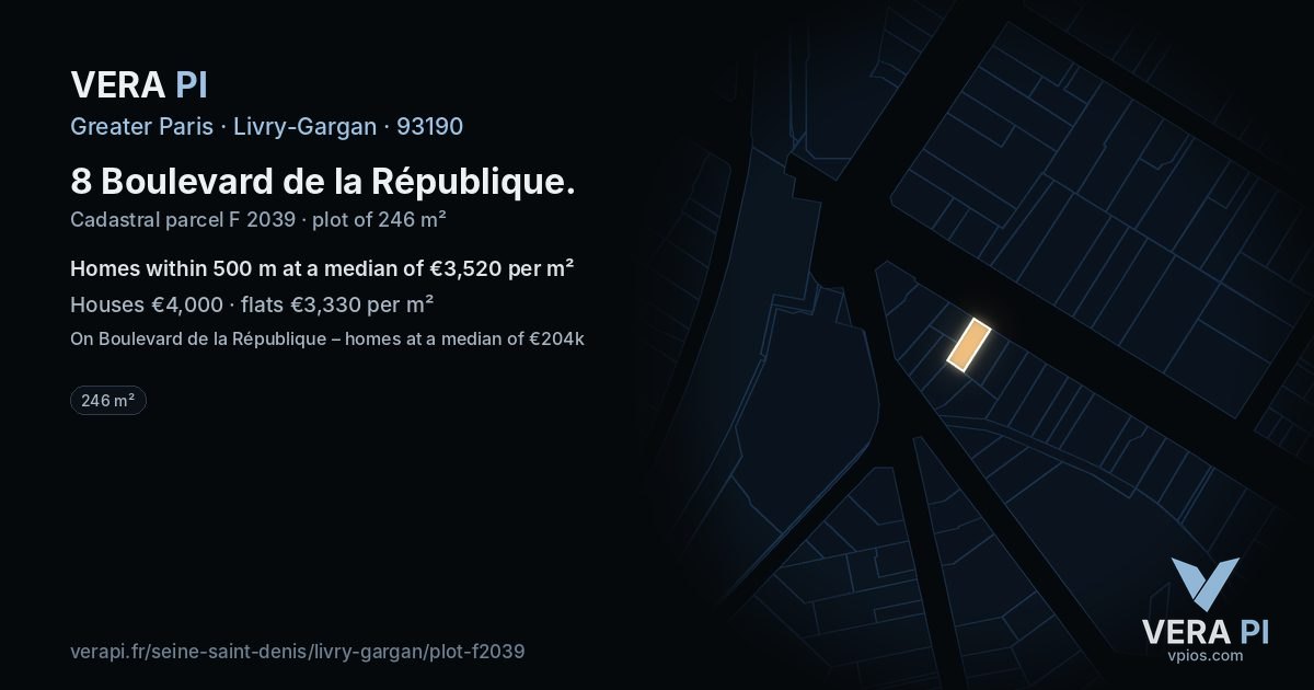 8 Boulevard de la République, Livry-Gargan at night – the plot lit, the parcels around coloured by the prices near them
