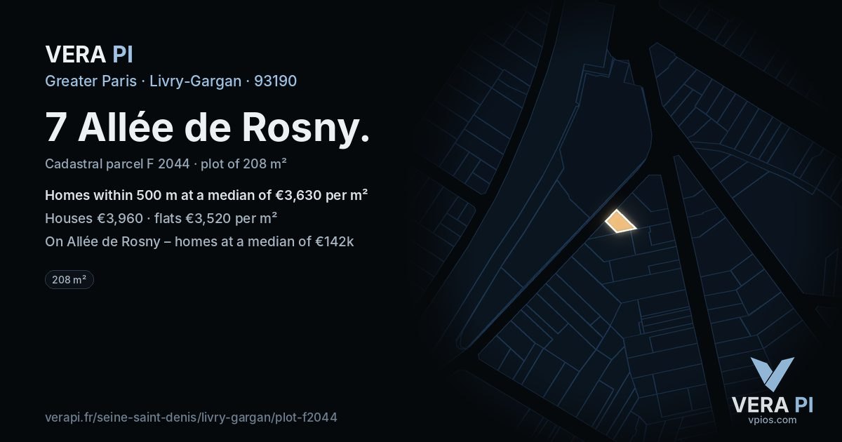 7 Allée de Rosny, Livry-Gargan at night – the plot lit, the parcels around coloured by the prices near them