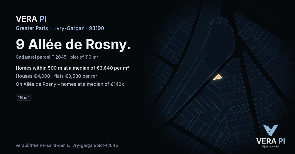 9 Allée de Rosny, Livry-Gargan at night – the plot lit, the parcels around coloured by the prices near them