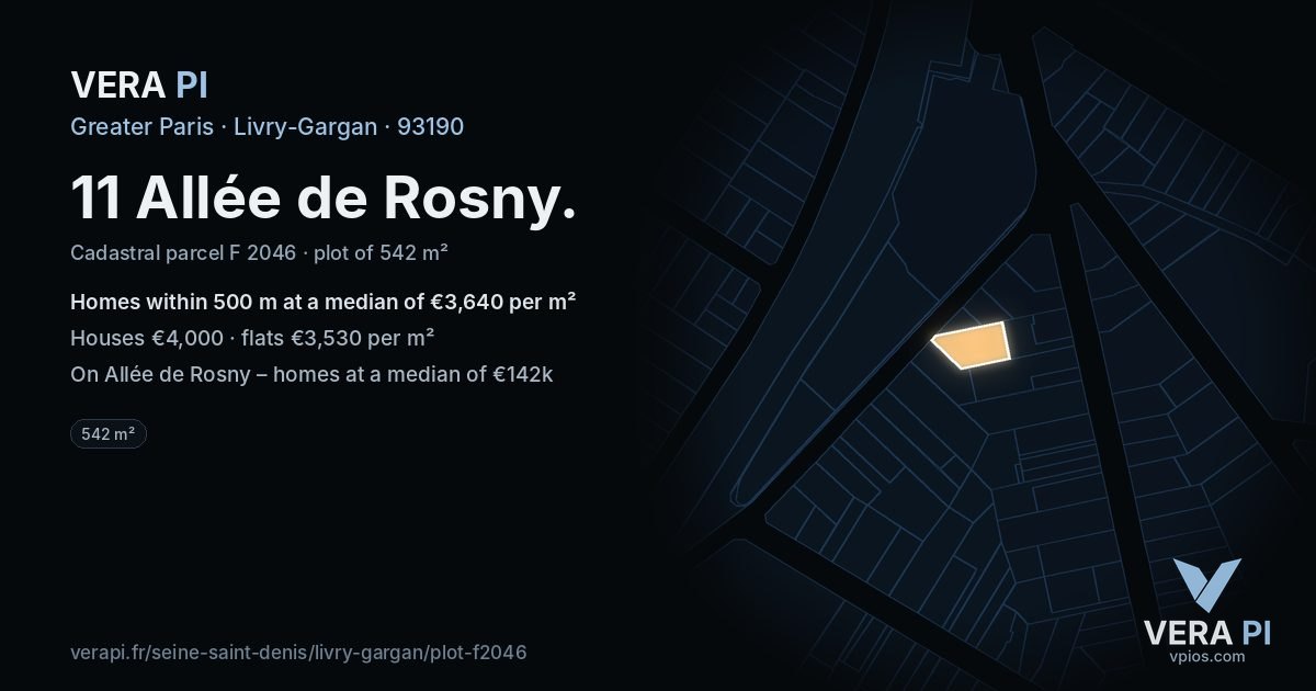 11 Allée de Rosny, Livry-Gargan at night – the plot lit, the parcels around coloured by the prices near them