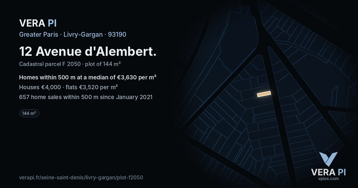12 Avenue d'Alembert, Livry-Gargan at night – the plot lit, the parcels around coloured by the prices near them