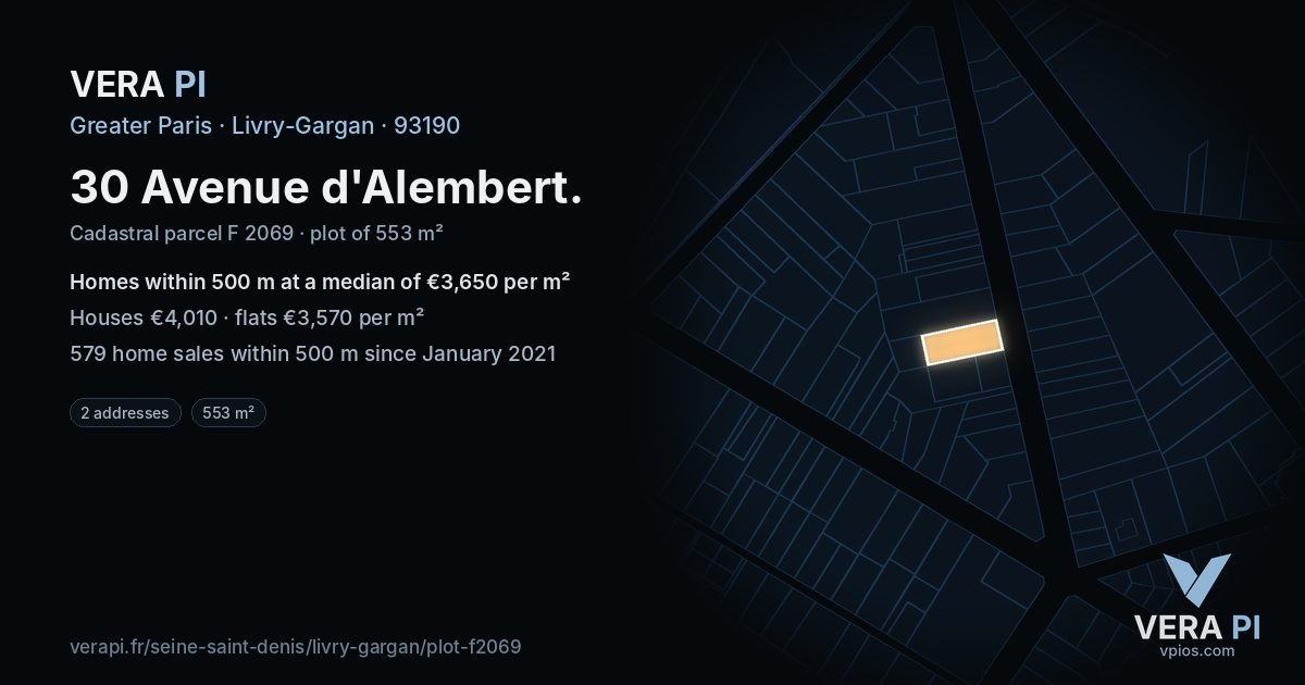 30 Avenue d'Alembert, Livry-Gargan at night – the plot lit, the parcels around coloured by the prices near them