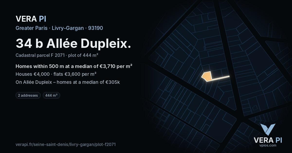 34 b Allée Dupleix, Livry-Gargan at night – the plot lit, the parcels around coloured by the prices near them