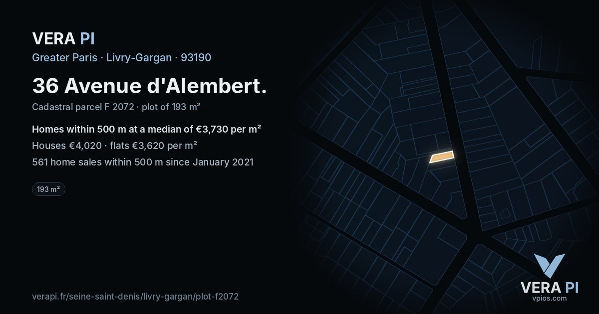 36 Avenue d'Alembert, Livry-Gargan at night – the plot lit, the parcels around coloured by the prices near them