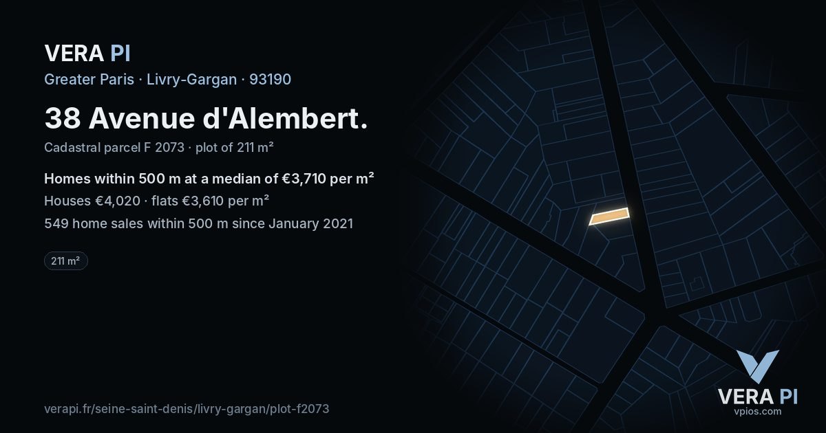 38 Avenue d'Alembert, Livry-Gargan at night – the plot lit, the parcels around coloured by the prices near them