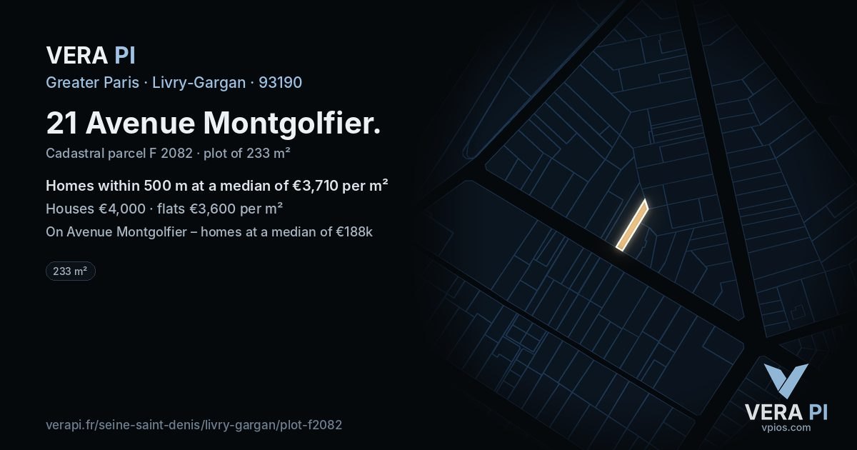 21 Avenue Montgolfier, Livry-Gargan at night – the plot lit, the parcels around coloured by the prices near them