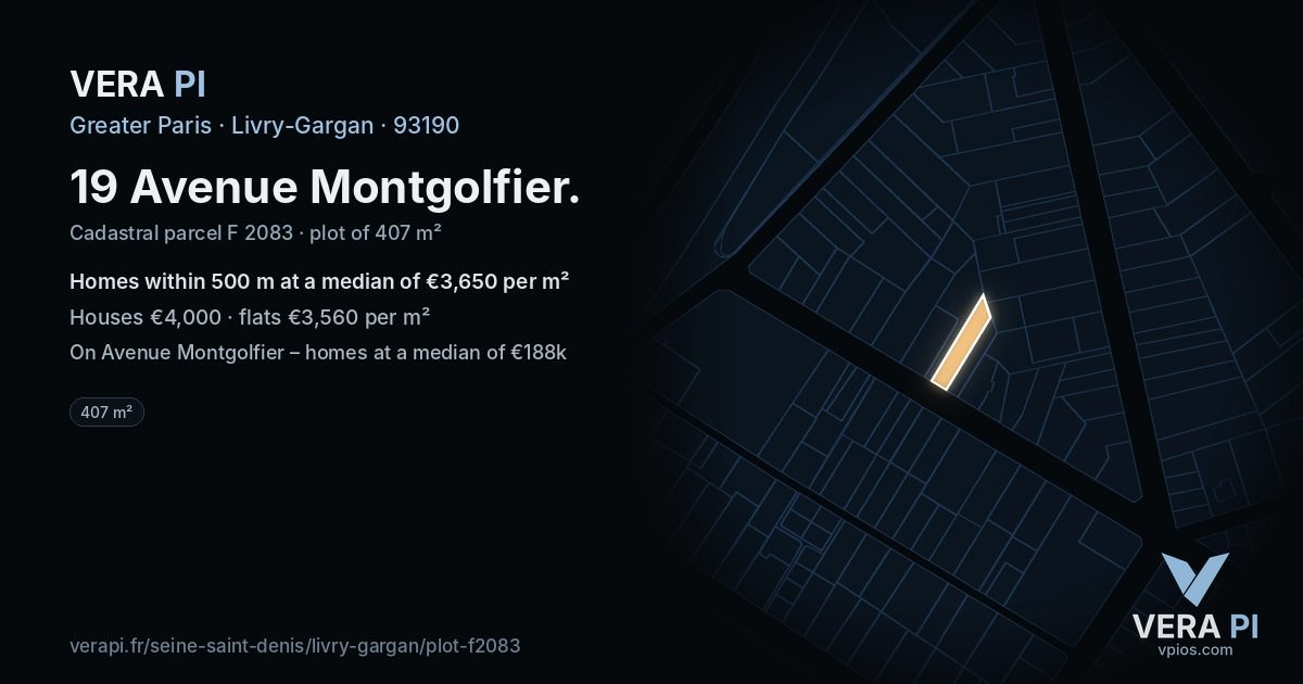 19 Avenue Montgolfier, Livry-Gargan at night – the plot lit, the parcels around coloured by the prices near them